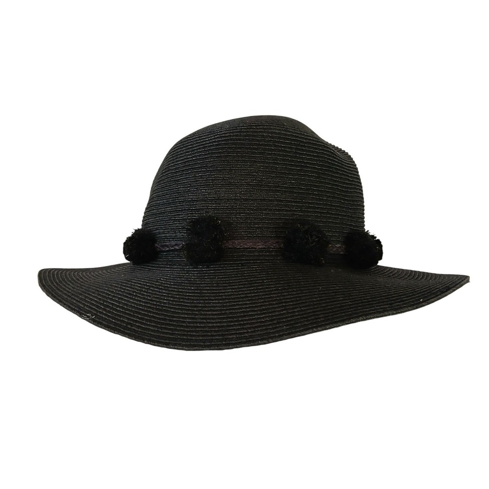 NEW BCBGMAXAZRIA Black Paper Straw Sun Hat Pom Pom Wide Brim Adjustable Boho NWT